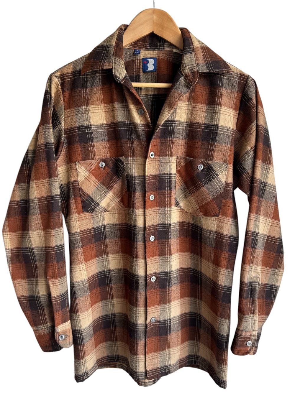 Vtg Plaid Work Shirt Mens S Brown Long Sleeve Single Stitch Farm Chore 70s 80s